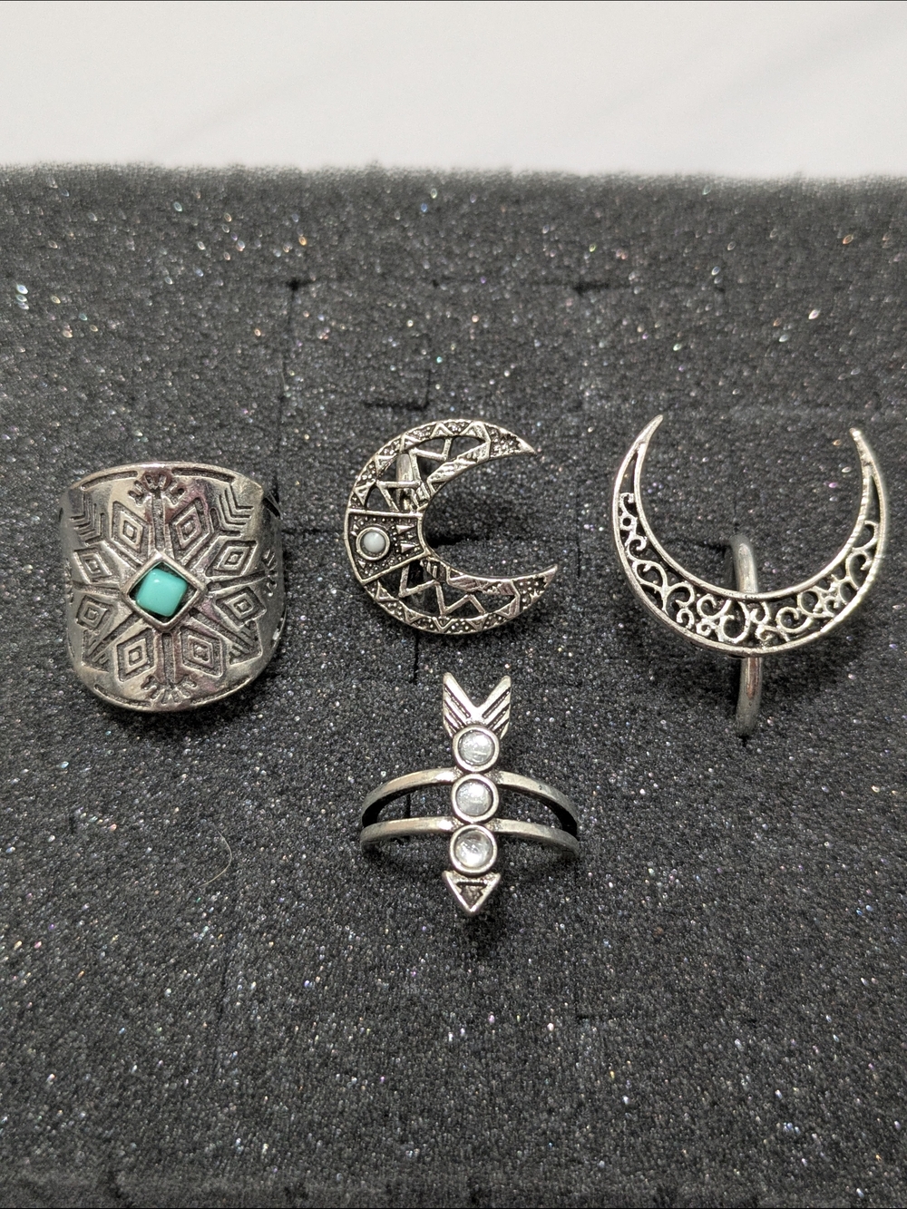 Boho Silver-Tone Crescent & Turquoise Accent Women's Ring Set
